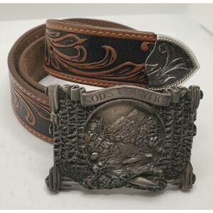 Tony Lama Tooled Western Leather Belt Vintage Bergamont God's Country Buckle 34